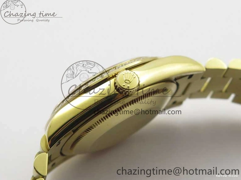 0212 DailyWear Day-Date 36mm 128235 YG Crystal BP Best Edition Silver Crystal Marker Dial on YG President Bracelet A 2676